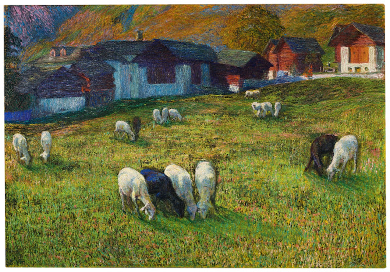 Autunno - Bergdorf mit Schafen by Giovanni Giacometti