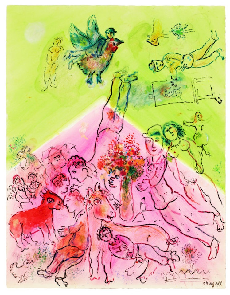 Scène fantastique sur fond rose et vert by Marc Chagall