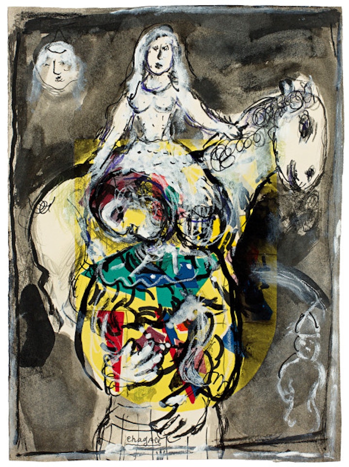 Scène nocturne avec clown et écuyère en jaune by Marc Chagall