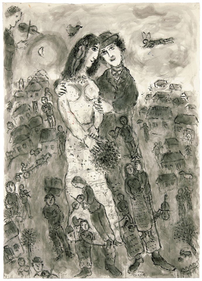 Fête du village pour les mariés - verso: Le peintre et son couple by Marc Chagall