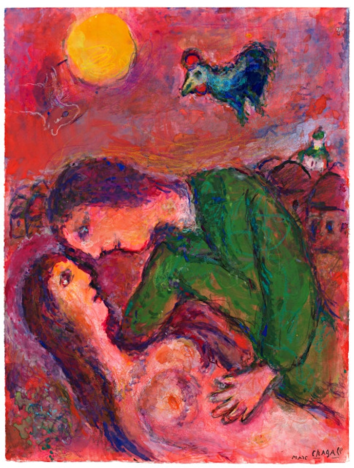 Tendresse sur fond rose-orangé by Marc Chagall