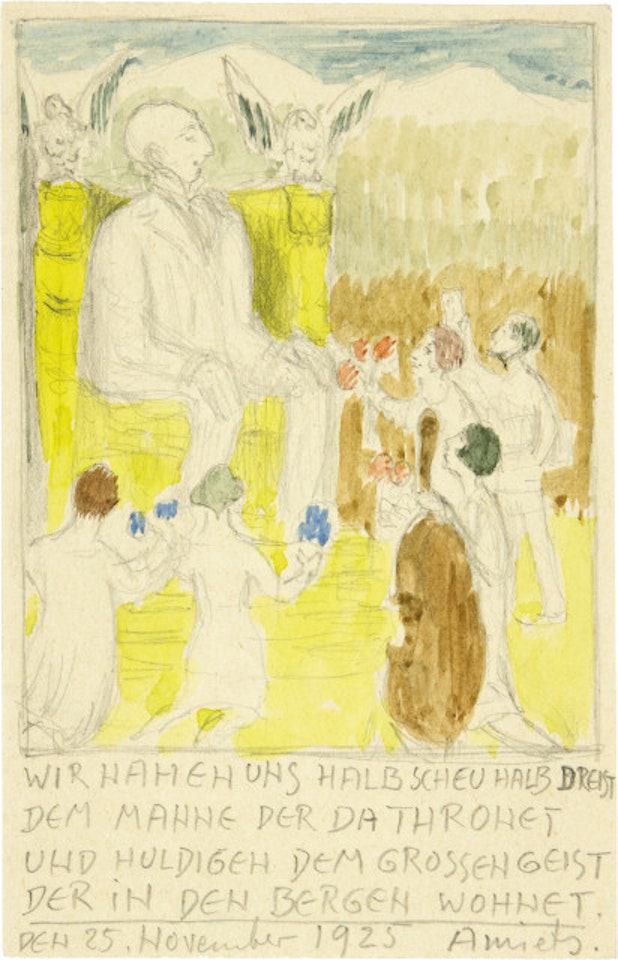 Oscar Miller, auf einem Thron sitzend. Postkarte 25-Nov-25 by Cuno Amiet