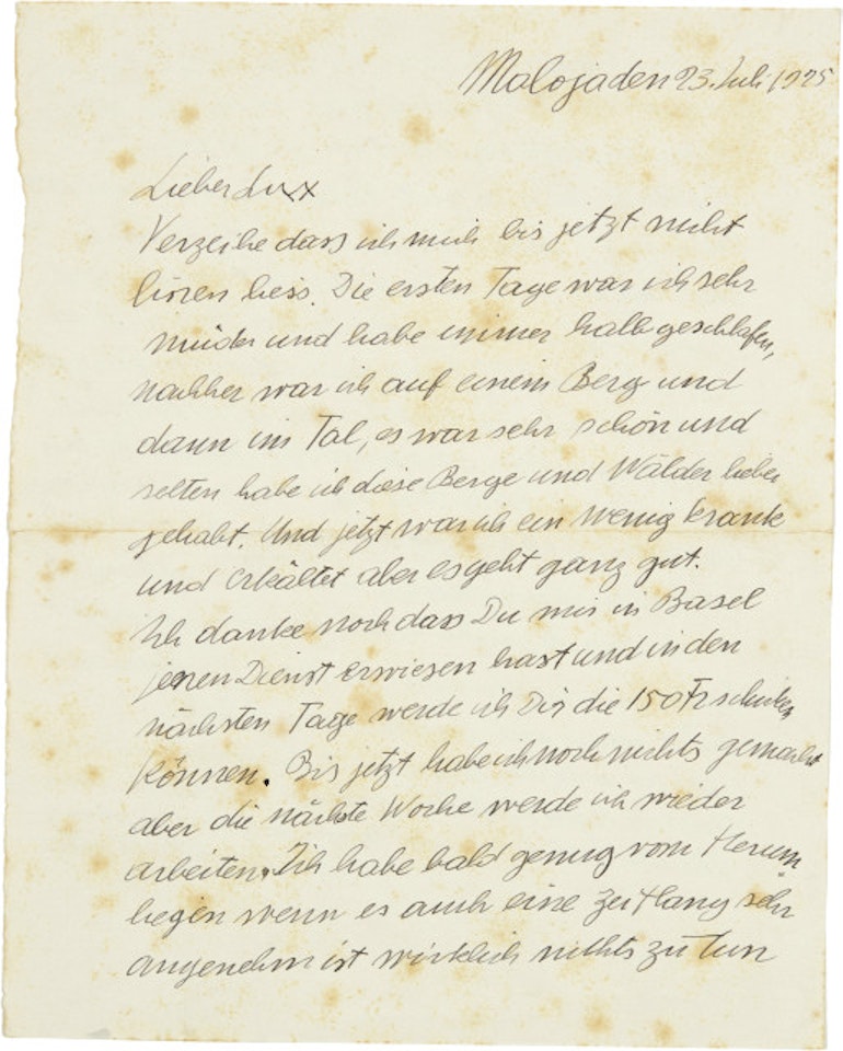 Handwritten letter to Lucas Lichtenhan from Maloja by Alberto Giacometti