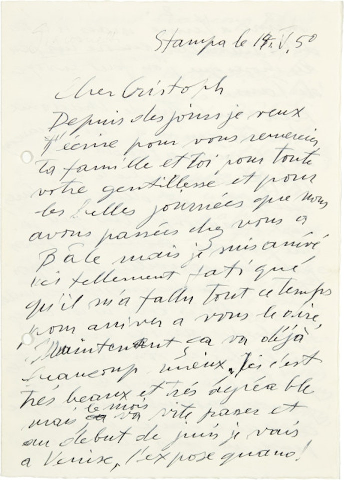 Autograph letter to Christoph Bernoulli, Basel, from Stampa, 15.V.50 by Alberto Giacometti