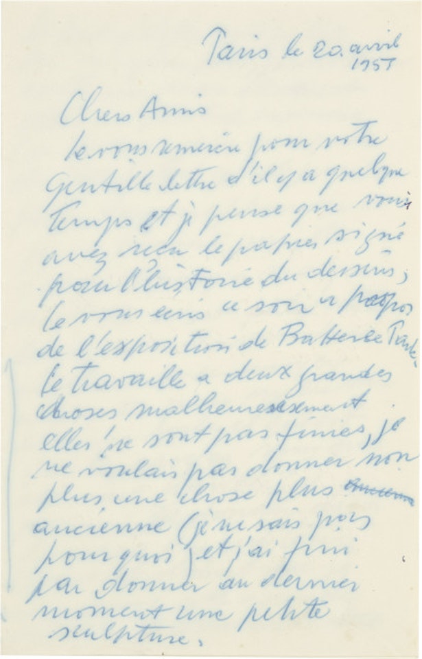 Handschriftlicher Brief, mit Anschrift "Chers Amis" by Alberto Giacometti