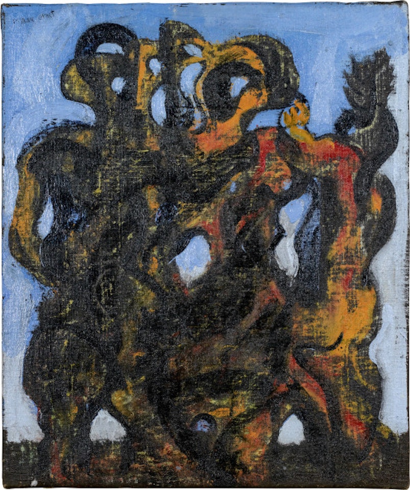 Gestes sauvages pour le charme II - Deux jeunes femmes et homme double by Max Ernst