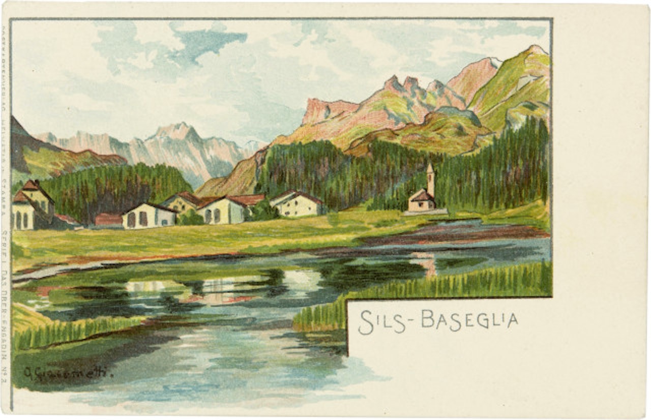 Postkarten: Sils-Baseglia - Samedan - Sils-Maria - Silva Plana - Maloja - St. Moritz - Der Schafberg - Forno Gletscher; 8 farbige Postkarten aus der "Serie I - Das Ober-Engadin" des Postkartenverlags "Helvetia in Stampa" [Eigenverlag des Künstlers] by Giovanni Giacometti