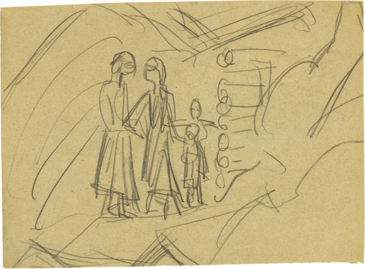 Zwei Frauen und zwei Kinder auf der Stafelalp by Ernst Ludwig Kirchner