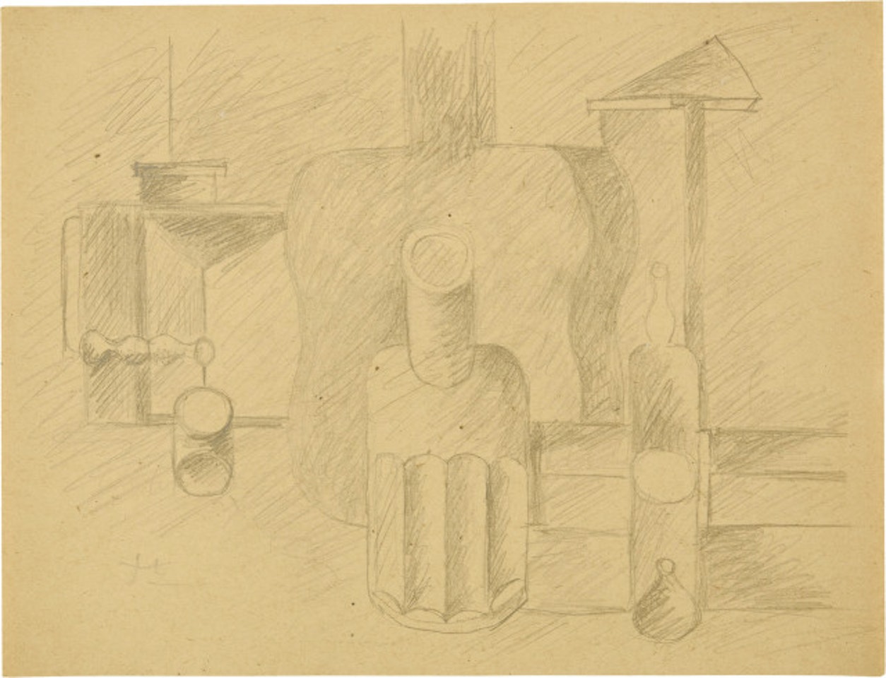 Nature morte à la guitare verticale, lanterne, bouteille, carafe et verre by Le Corbusier