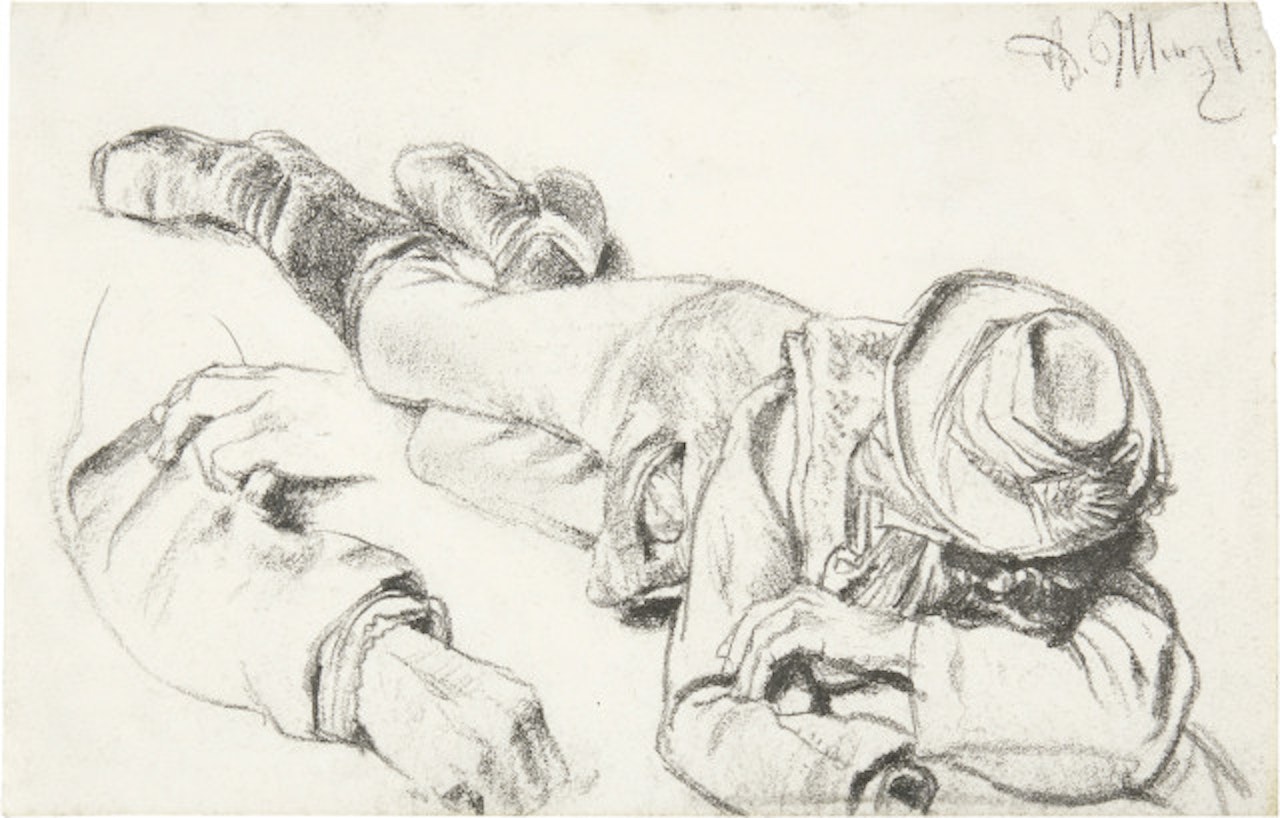 Liegender junger Bauer (mit Arm- und Handstudie) by Adolph Menzel