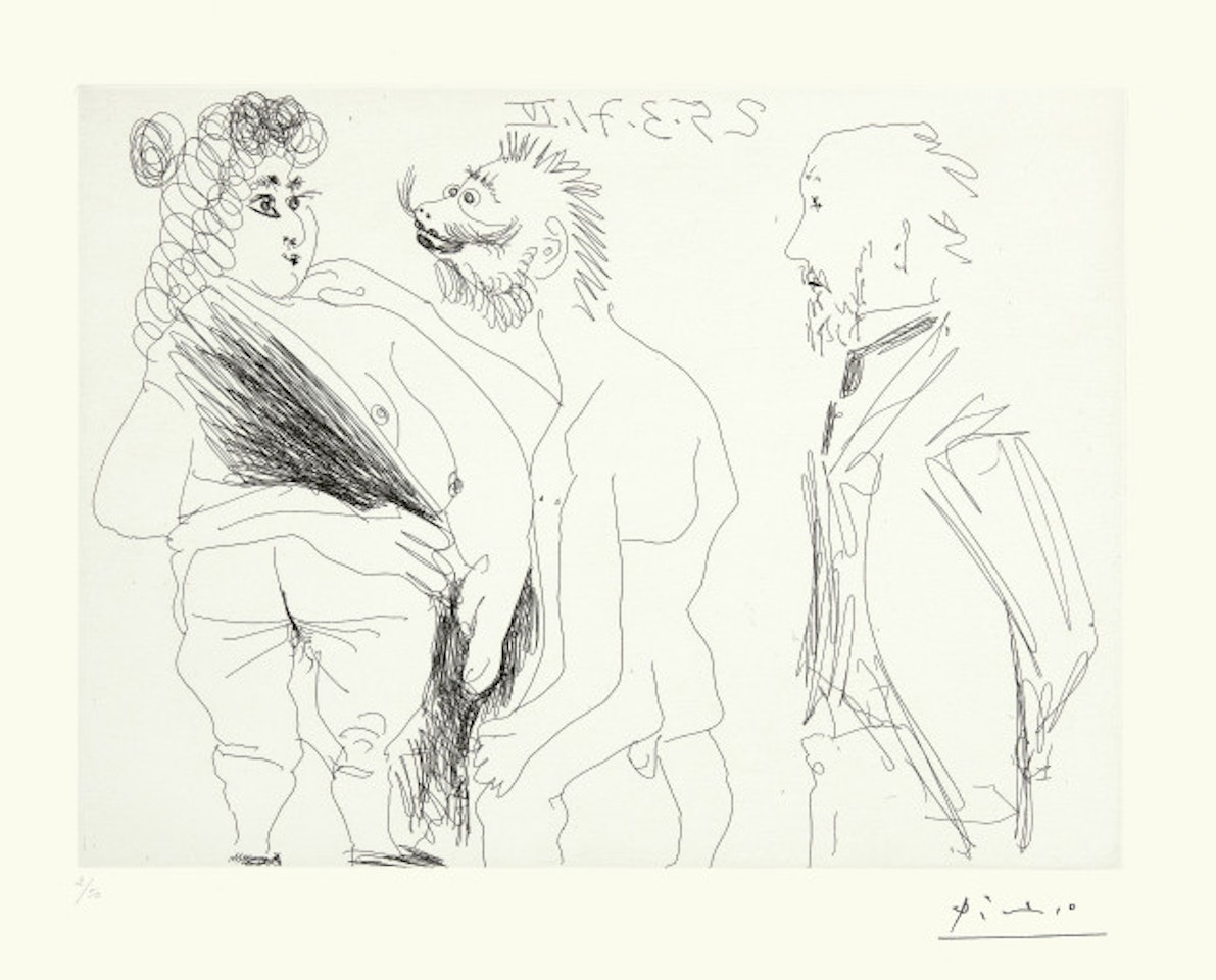 Scène de séduction entre un homme dégénéré et une prostituée, avec Degas voyeur by Pablo Picasso