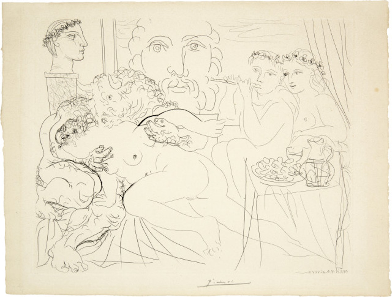 Self-portrait in three forms: Crowned painter, bust sculptor and minotaur in love by Pablo Picasso