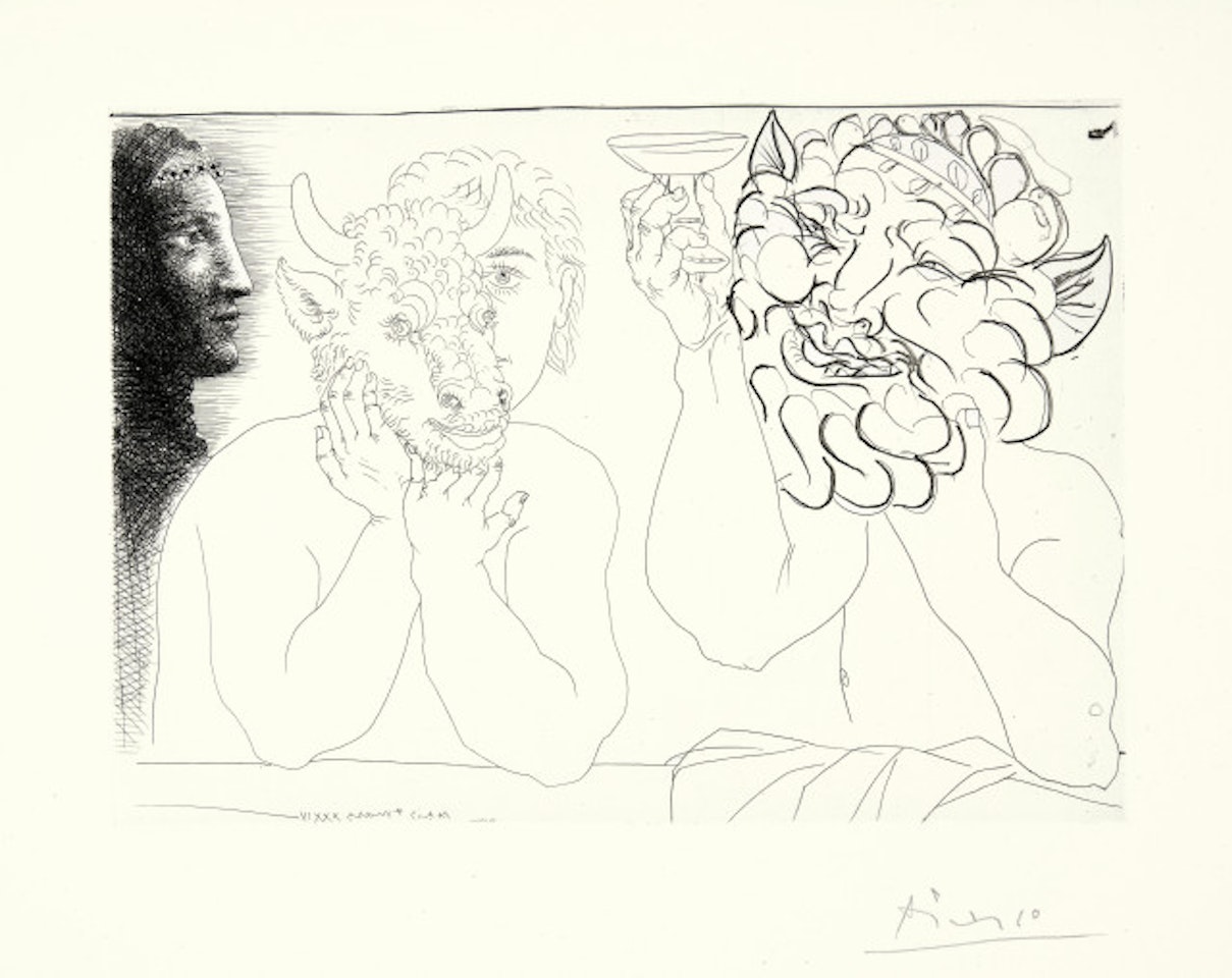 Profile of Marie-Thérèse in abyss, young man with minotaur mask and old bearded man with donkey ears by Pablo Picasso