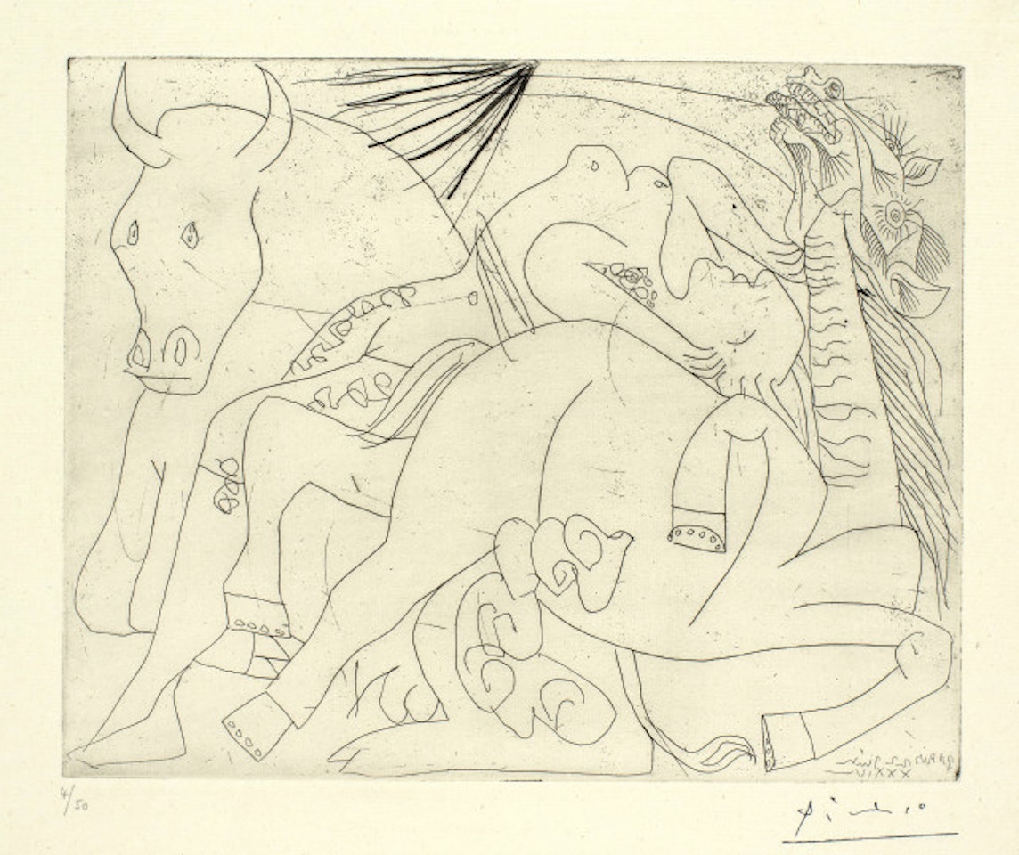 Woman bullfighter, horse and bull, dying. I by Pablo Picasso