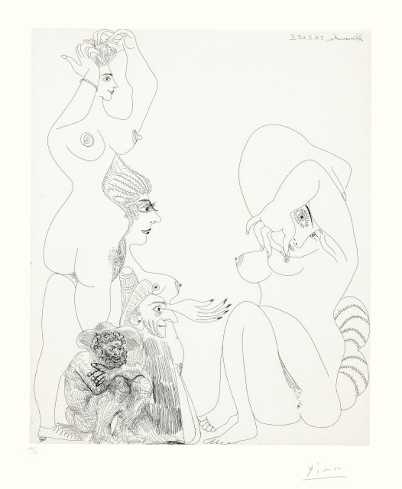 Vieil homme avec magicien évoquant trois odalisques Blatt 6 der Folge "347 gravures" by Pablo Picasso