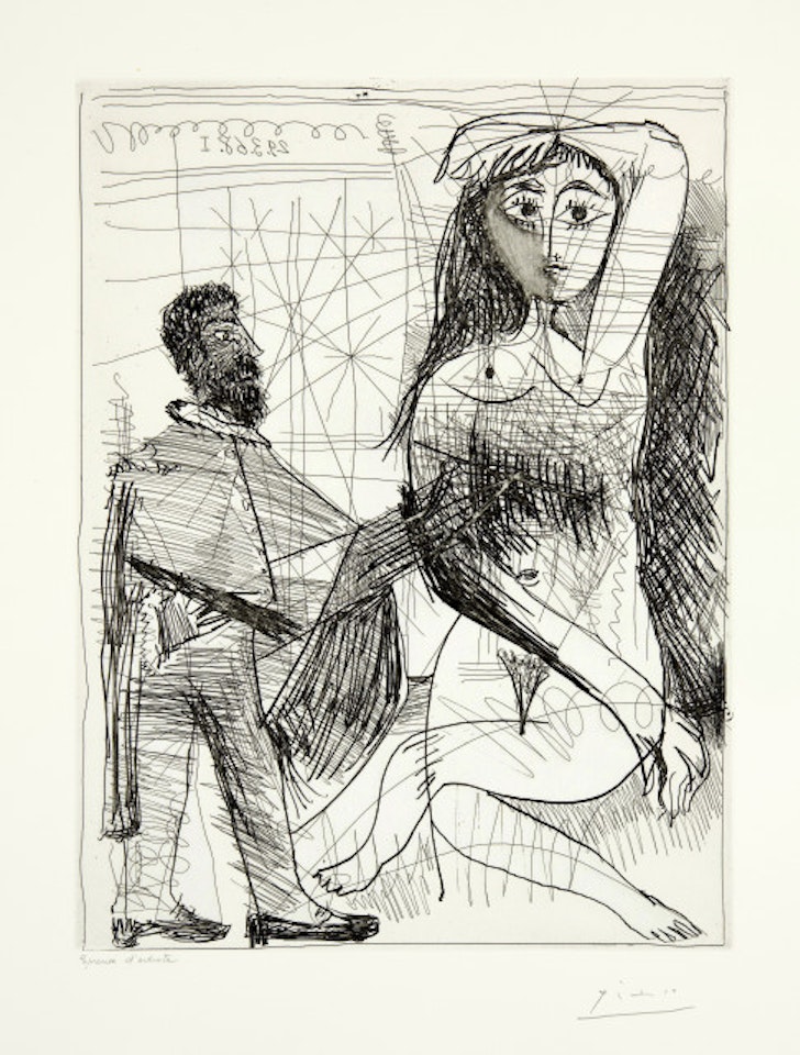 Painter in Spanish costume painting on his model Blatt 10 of the Folge "347 engravings" by Pablo Picasso