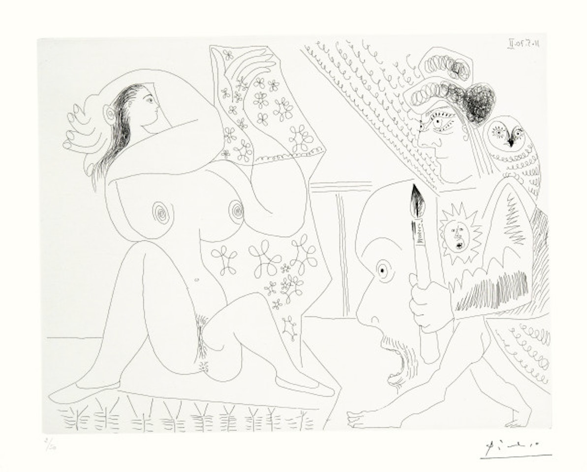 Jeune peintre-persée avec une chouette et odalisque-méduse Blatt 44 der Folge "156 gravures" by Pablo Picasso