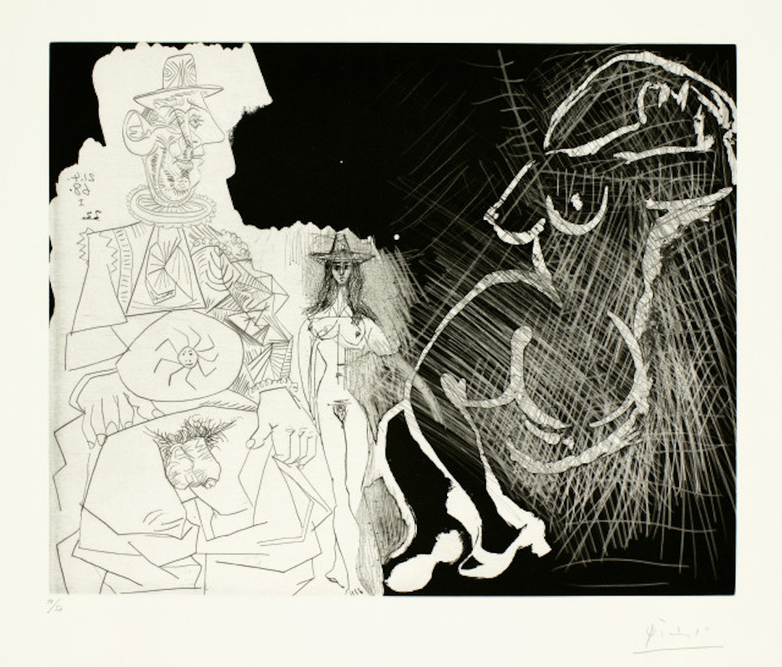 Caricature of General de Gaulle, and two women Blatt 45 der Folge "347 engravings" by Pablo Picasso