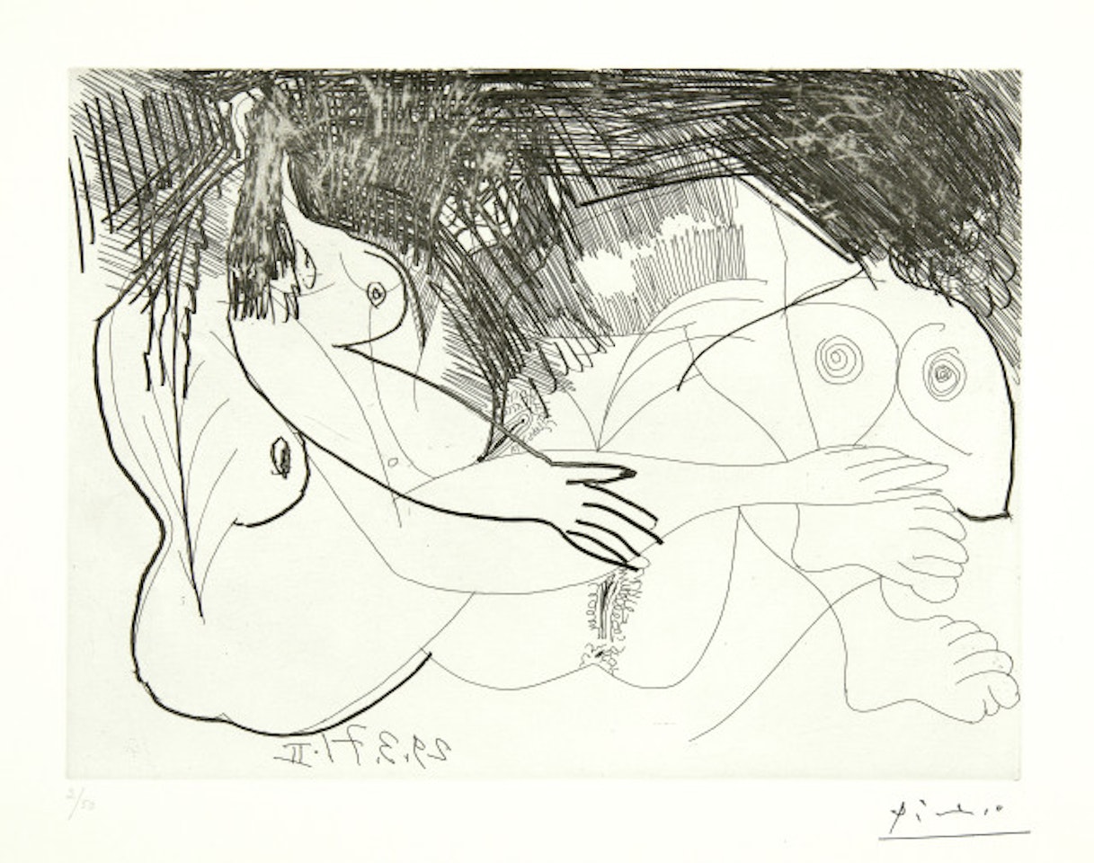 Deux filles au repos; Blatt 98 der Folge "156 gravures" by Pablo Picasso