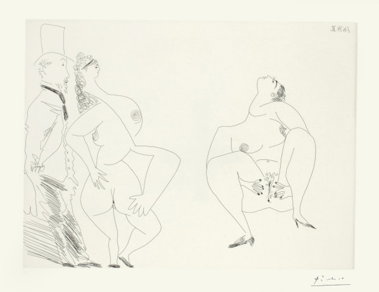 Degas, les mains dans les poches, et deux filles Blatt 106 der Folge "156 gravures" by Pablo Picasso