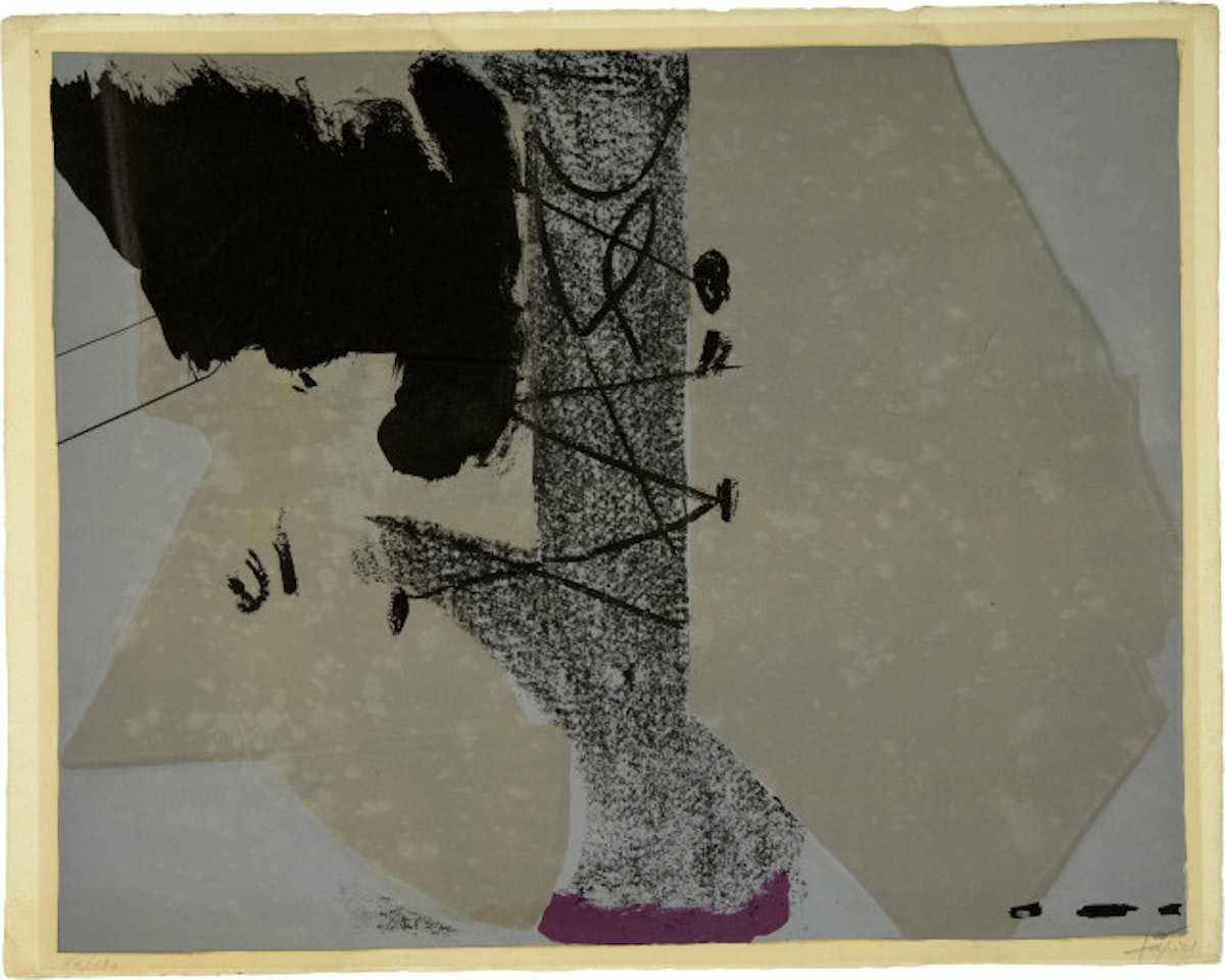 Lithographie in Schwarz, Rot, zwei Grau und grünlichem Ocker by Antoni Tapies