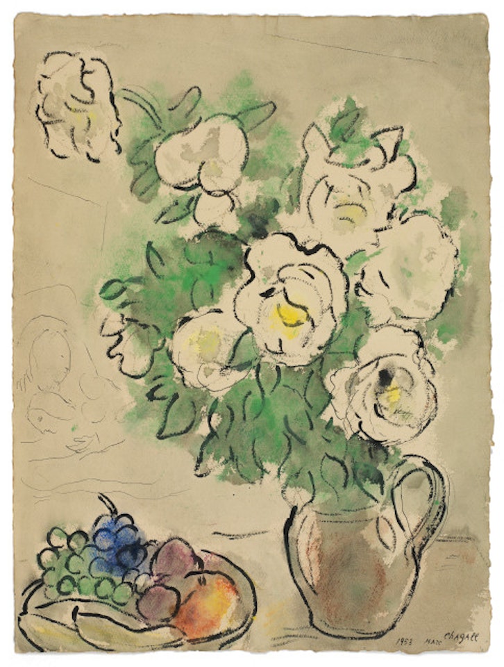 Roses blanches and nature morte - or blanches flowers and coupe de fruits by Marc Chagall