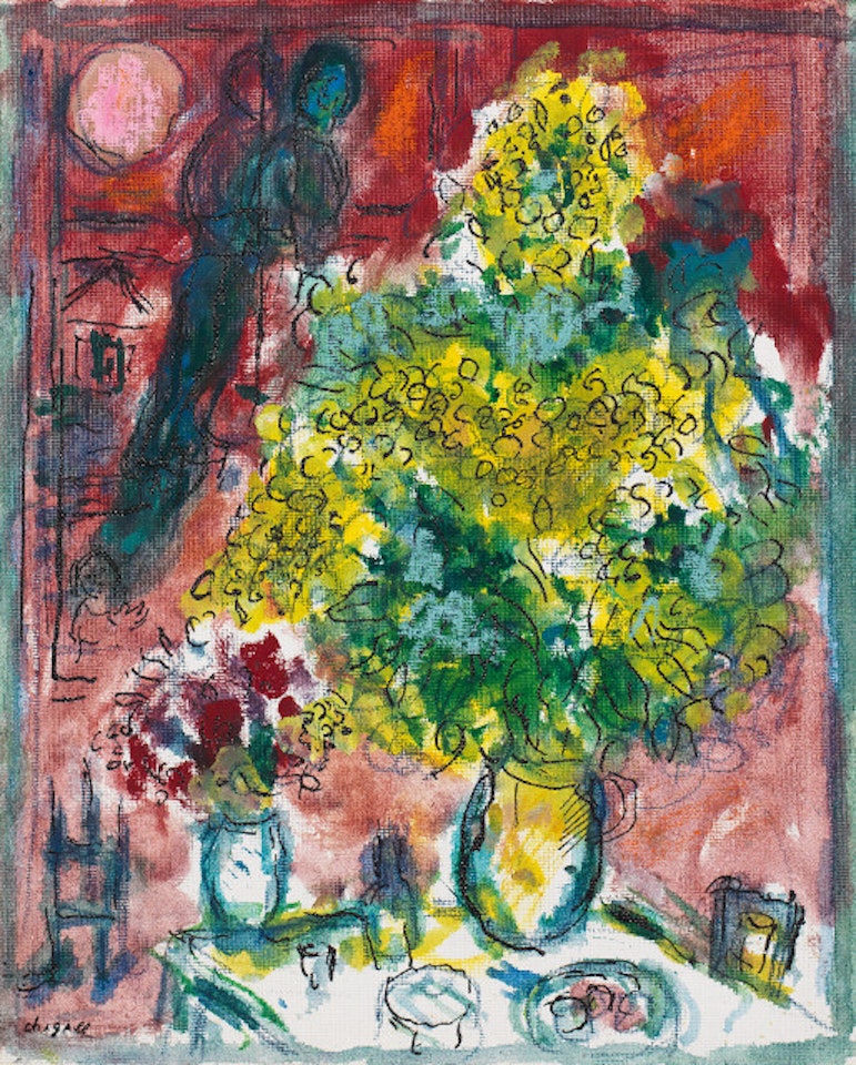 Grand bouquet jaune sur fond rouge by Marc Chagall