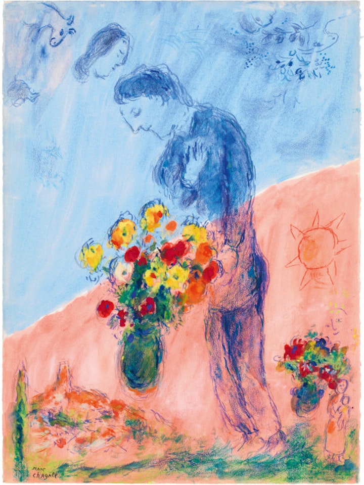 Amoureux aux bouquets in the world aux deux colors by Marc Chagall