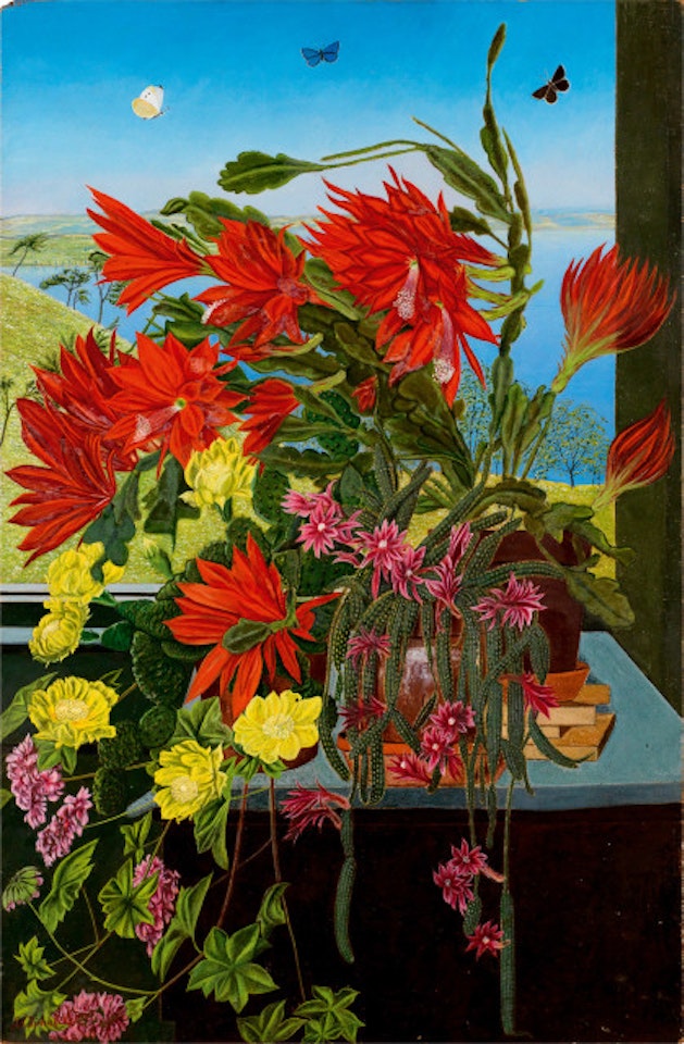 Still life with cacti in front of the lake by Adolf Dietrich