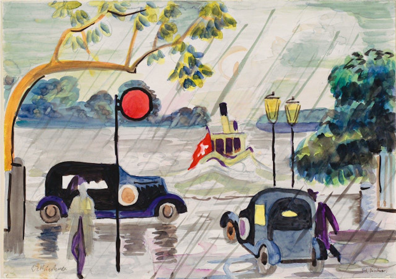 Uferstrasse in Zurich with a view of the lake, two cars, two passers-by and a steamboat by Ernst Ludwig Kirchner