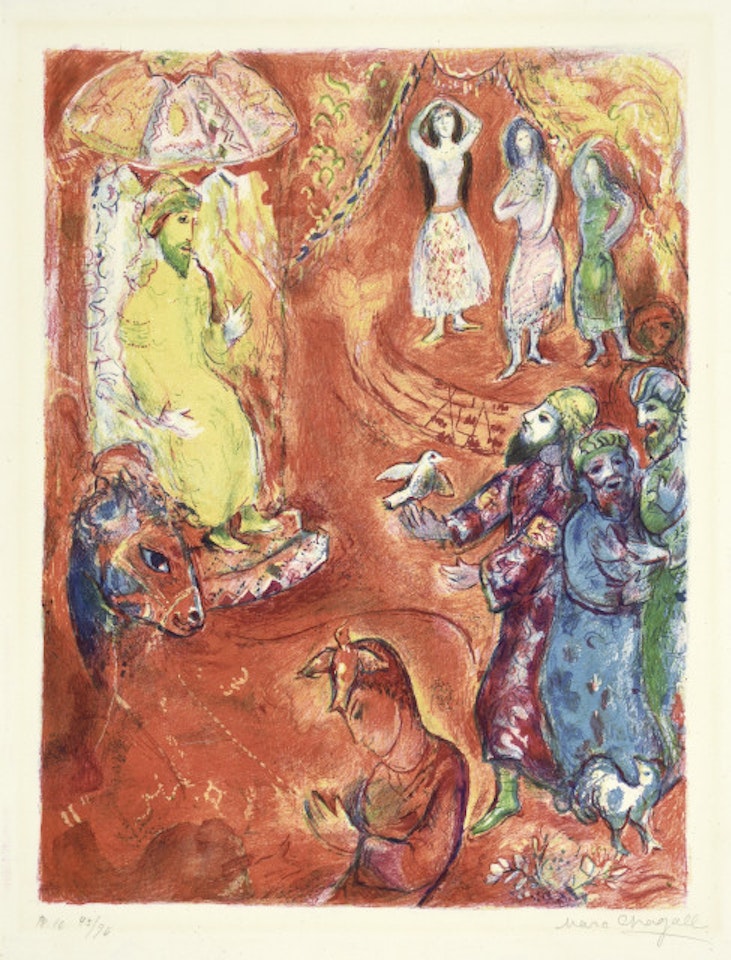 Now the King loved science and geometry and one festival day as he sat on his royal throne there came in to him three wise men...; Sheet 10 of the episode "Arabian Nights" by Marc Chagall