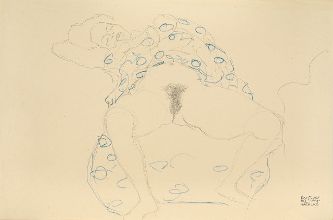 Lying to the left with legs spread by Gustav Klimt