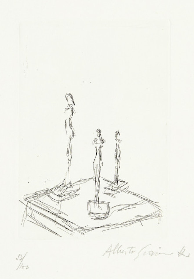 Three figurines on a sellette III by Alberto Giacometti