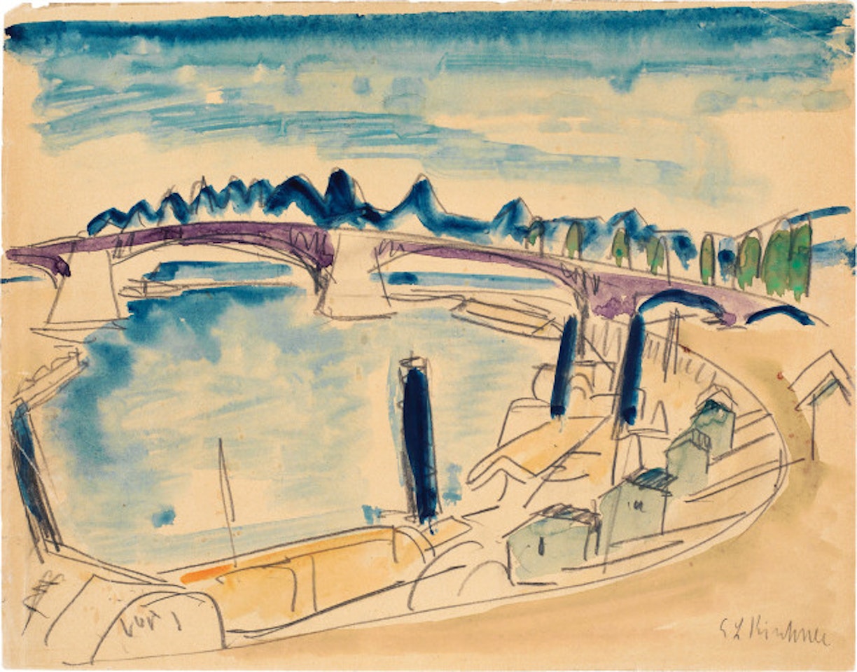 Bay with shore buildings and bridge by Ernst Ludwig Kirchner