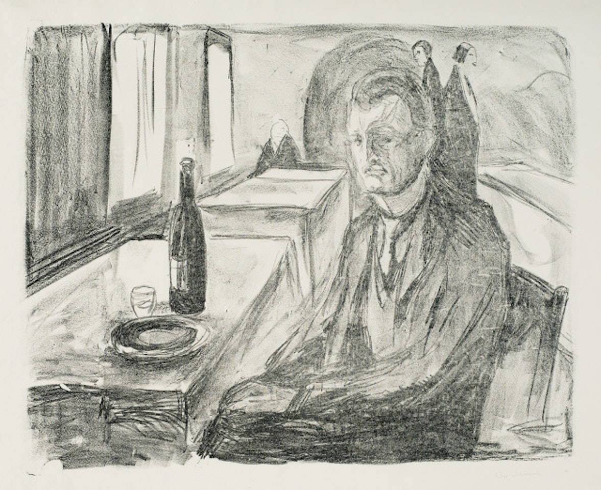 Self-portrait with wine bottle by Edvard Munch