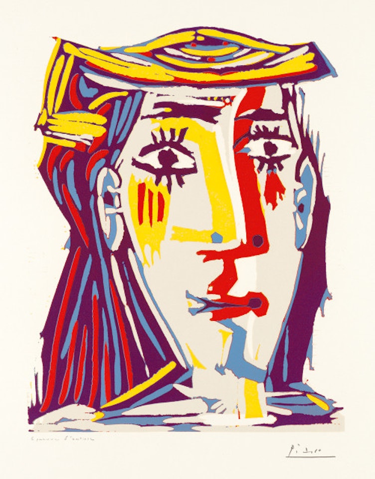 Portrait of Jacqueline with a multicolor paillet hat by Pablo Picasso
