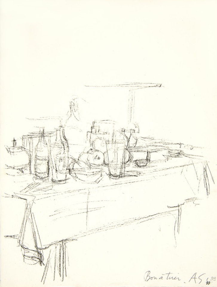 Table festive with bouteilles, fruits and vegetables; Sheet 99 of the episode "Paris sans Fin" by Alberto Giacometti