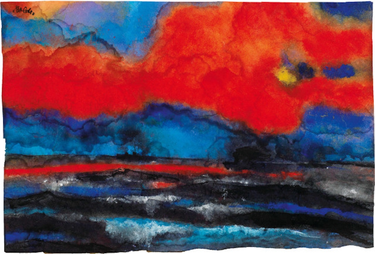 Evening sea with steamers under a red cloudy sky by Emil Nolde