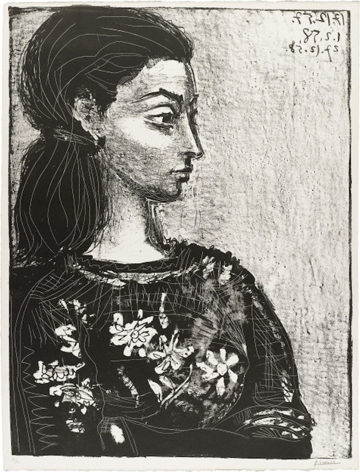 Woman with corsage and flowers by Pablo Picasso