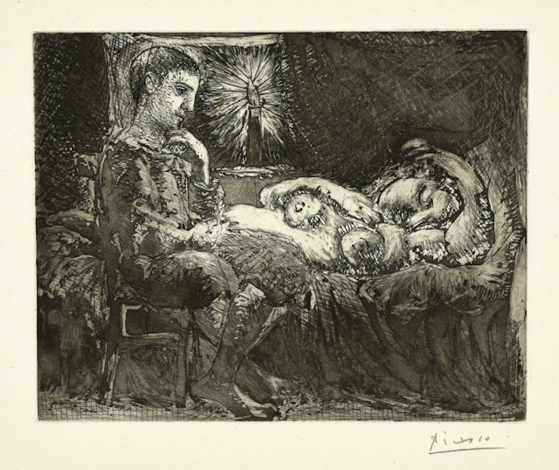 Garçon pensif veillant a dormeuse à la lumière d"une chandelle; Sheet 26 of the “Suite Vollard” by Pablo Picasso