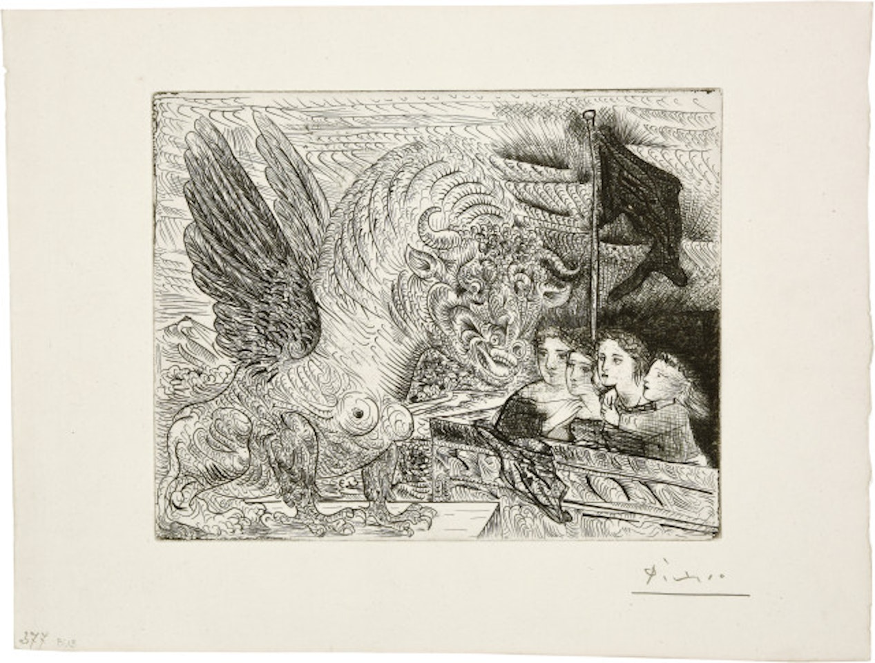 Harpy à tête de taureau, et quatre petites filles sur une tour surmontée d"un drapeau black; Sheet 13 of the “Suite Vollard” by Pablo Picasso