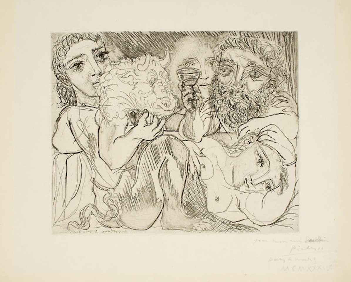 Marie-Thérèse rêvant de metamorphoses: elle-même and the sculpteur buvant with a young Greek actor playing the role of minotaure by Pablo Picasso