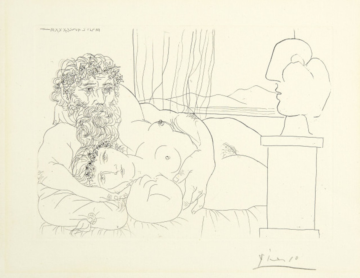 Sculpteur and son of the model with the other sculpted model; Sheet 62 of the “Suite Vollard” by Pablo Picasso