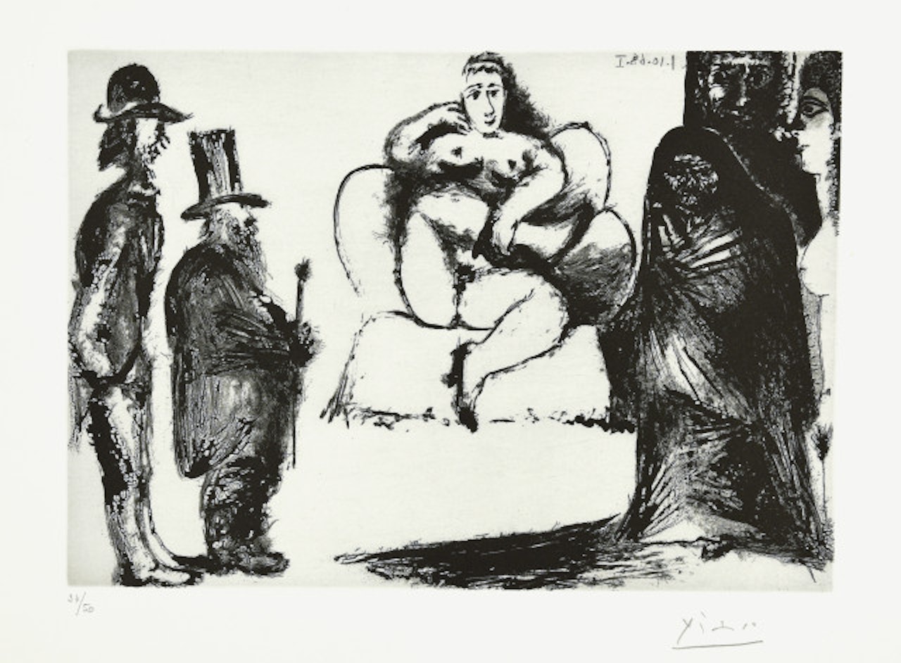 Célestine, Maja or Olympia Nue, with Manet and Marcellin Desboutin; couple de spectateurs au deuxième plan; Sheet from the series "347 gravures" by Pablo Picasso