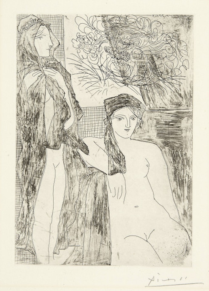 Woman in voile, model assis and head of Rembrandt; Sheet 35 of the “Suite Vollard” by Pablo Picasso