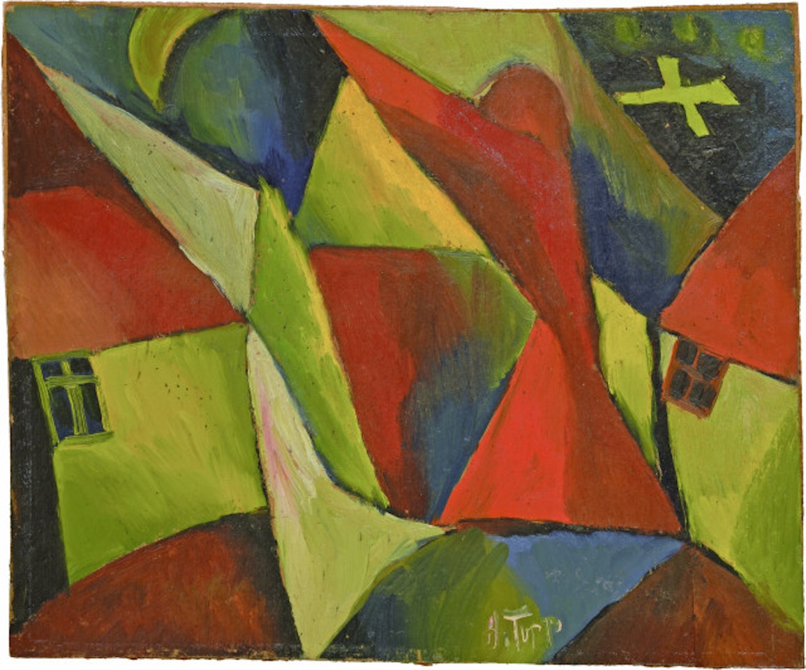 Landscape with red figure and cross by Arnold Topp