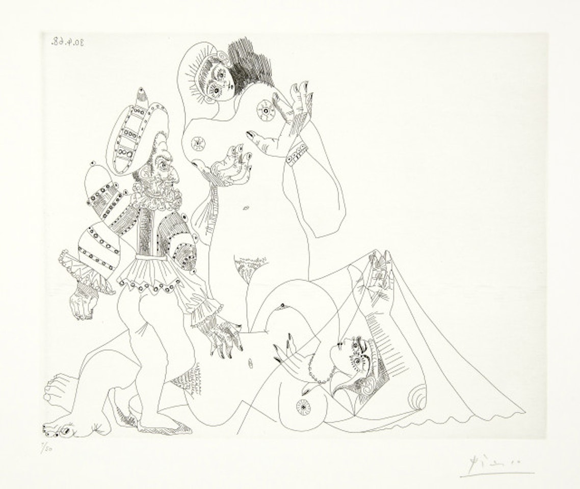 Polichinelle, with two women; Sheet 59 of the series "347 gravures"; Mougins, April 30, 1968 by Pablo Picasso