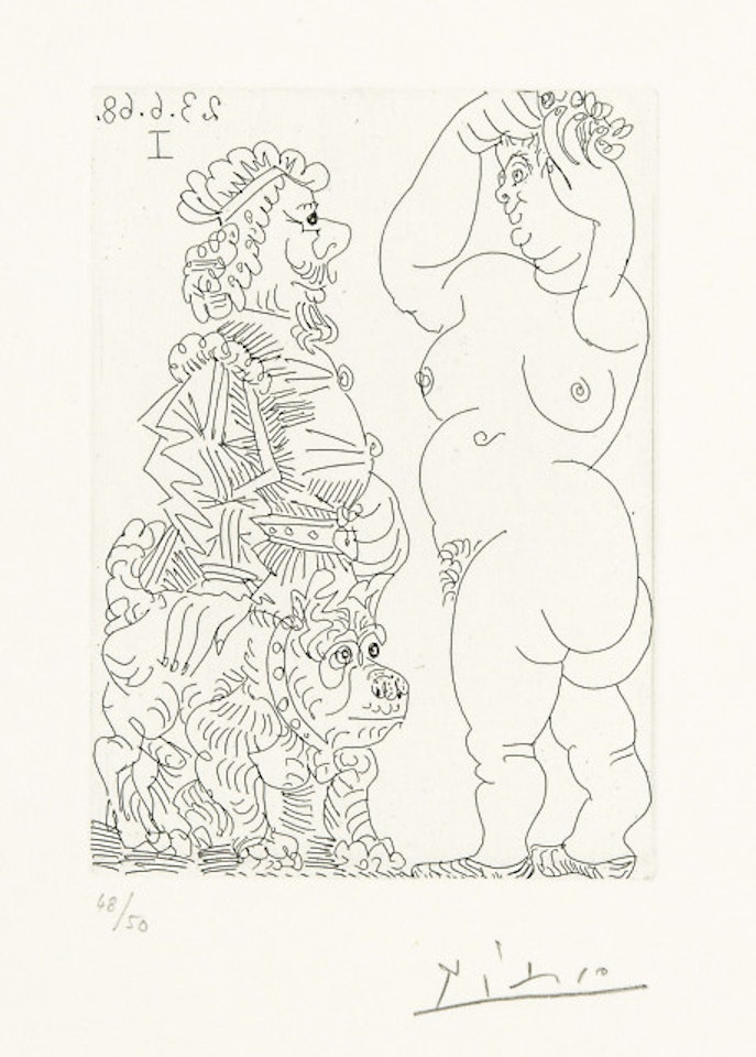 Big prostituée and homme au beret rembranesque et au bouledogue français by Pablo Picasso