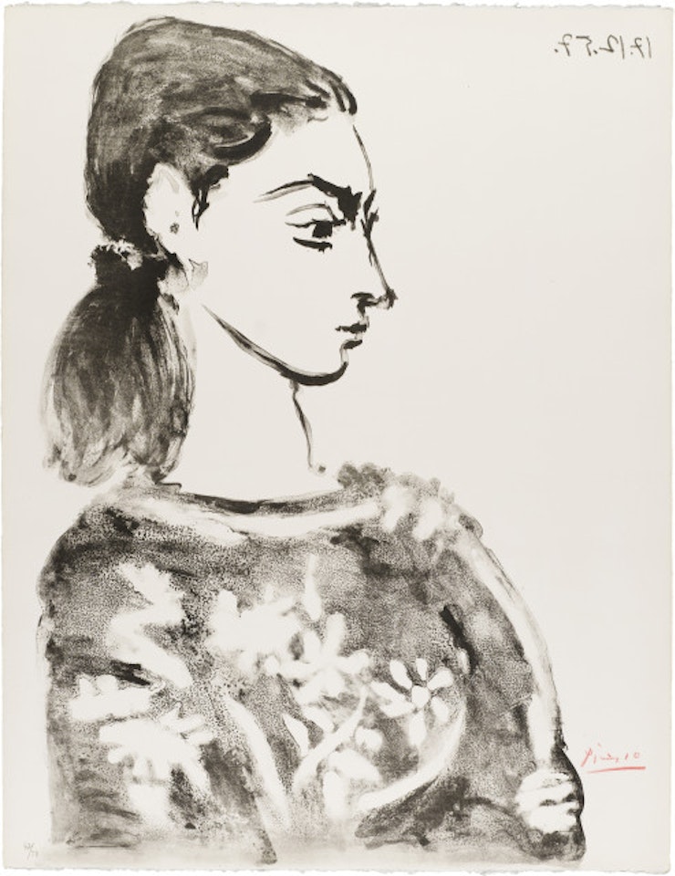 Woman with corsage and flowers by Pablo Picasso