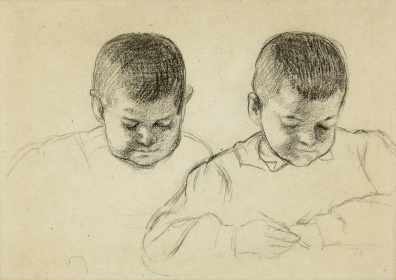 Two studies of the head of Lucien Pissarro - Verso: standing cow to the right by Camille Pissarro